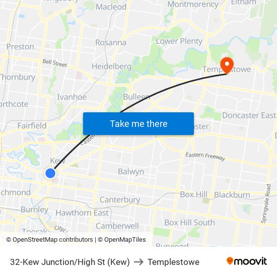 32-Kew Junction/High St (Kew) to Templestowe map