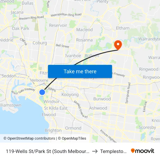 Wells St/Park St #119 to Templestowe map