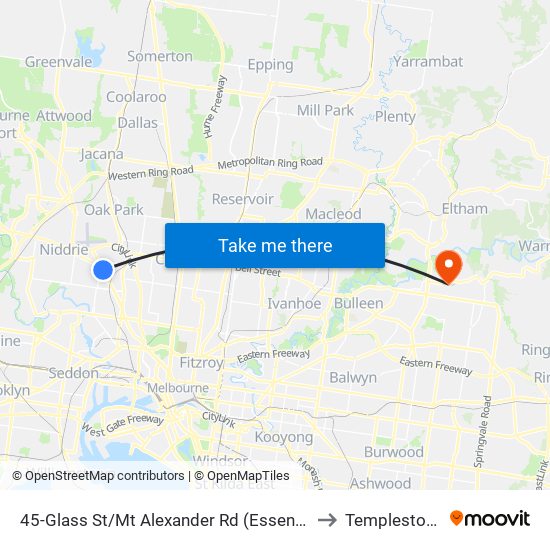45-Glass St/Mt Alexander Rd (Essendon) to Templestowe map