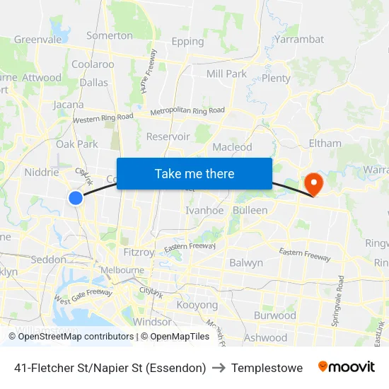 Fletcher St/Napier St #41 to Templestowe map