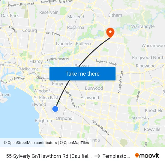 Sylverly Gr/Hawthorn Rd #55 to Templestowe map