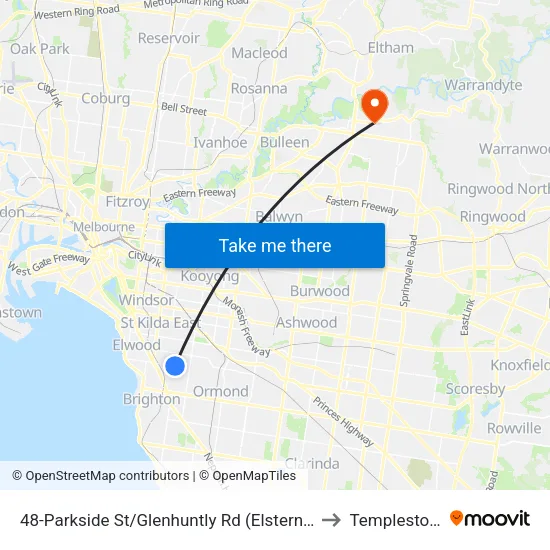 Parkside St/Glenhuntly Rd #48 to Templestowe map
