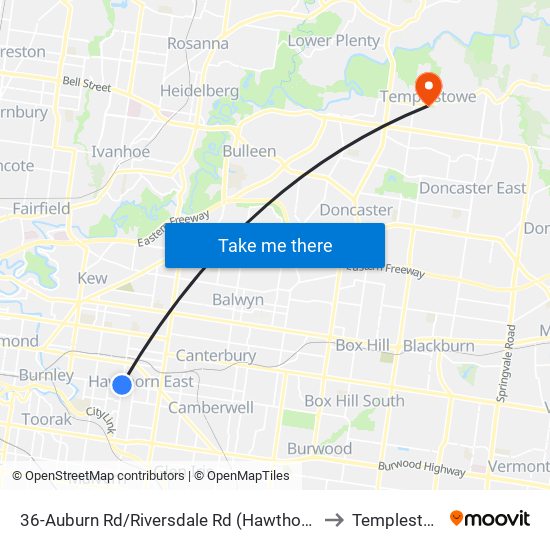 36-Auburn Rd/Riversdale Rd (Hawthorn East) to Templestowe map