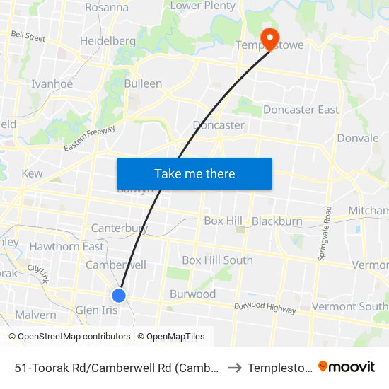 51-Toorak Rd/Camberwell Rd (Camberwell) to Templestowe map