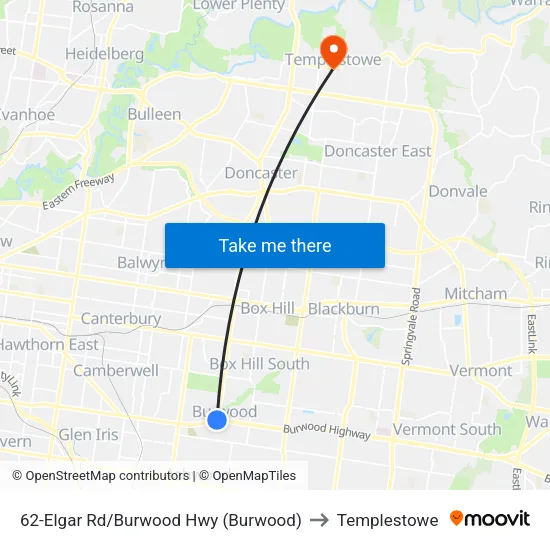 Elgar Rd/Burwood Hwy #62 to Templestowe map