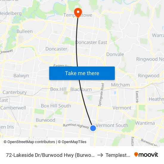 72-Lakeside Dr/Burwood Hwy (Burwood East) to Templestowe map