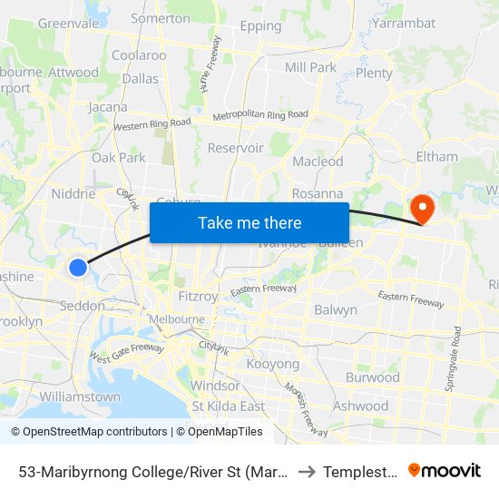 53-Maribyrnong College/River St (Maribyrnong) to Templestowe map