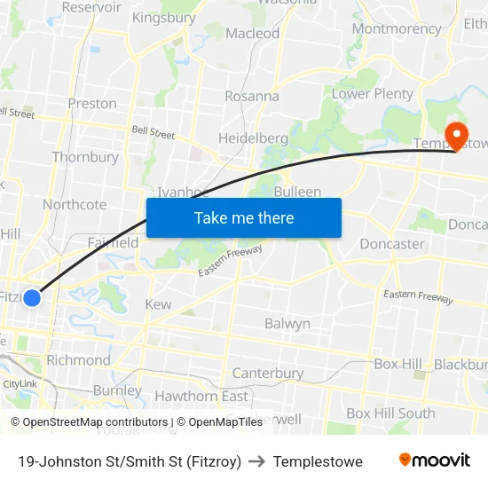 Johnston St/Smith St #19 to Templestowe map