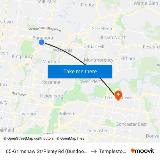 65-Grimshaw St/Plenty Rd (Bundoora) to Templestowe map