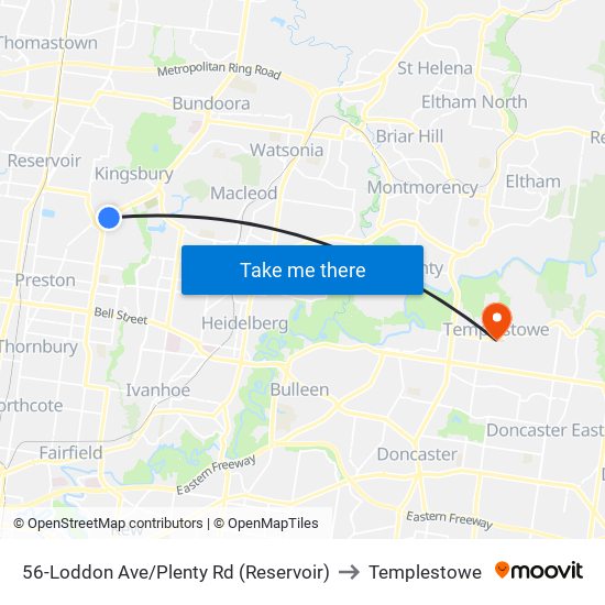 56-Loddon Ave/Plenty Rd (Reservoir) to Templestowe map