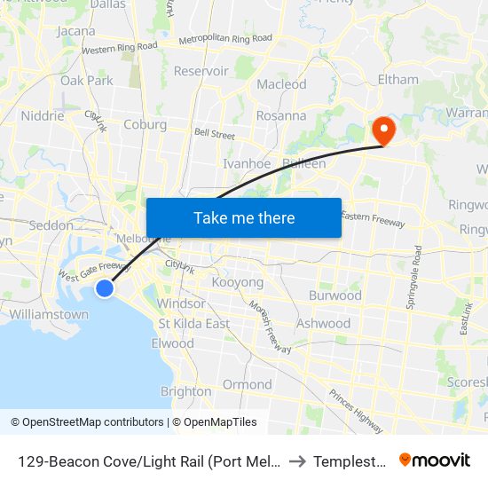 129-Beacon Cove/Light Rail (Port Melbourne) to Templestowe map