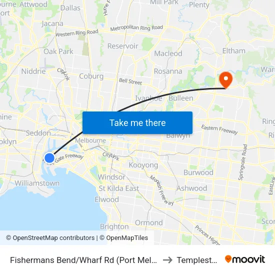 Fishermans Bend/Wharf Rd to Templestowe map
