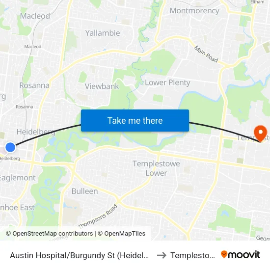 Austin Hospital/Burgundy St to Templestowe map