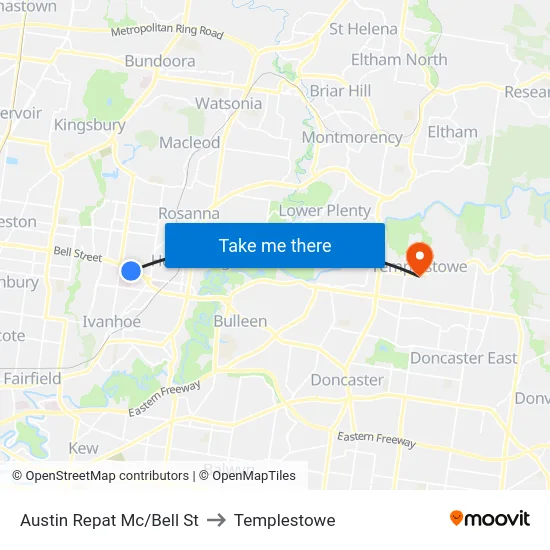 Austin Repat Mc/Bell St to Templestowe map
