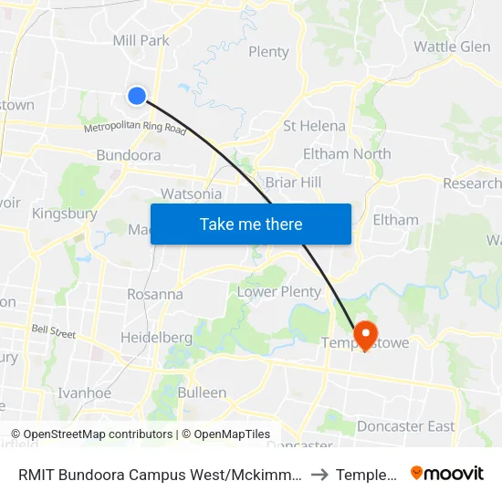 RMIT Bundoora Campus West/Mckimmies Rd to Templestowe map