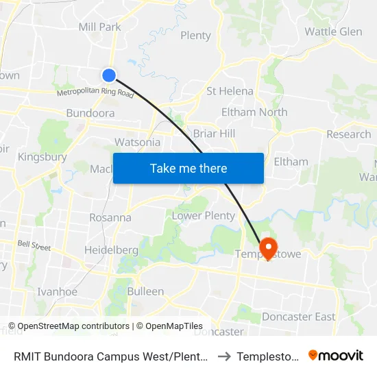RMIT Bundoora Campus West/Plenty Rd to Templestowe map