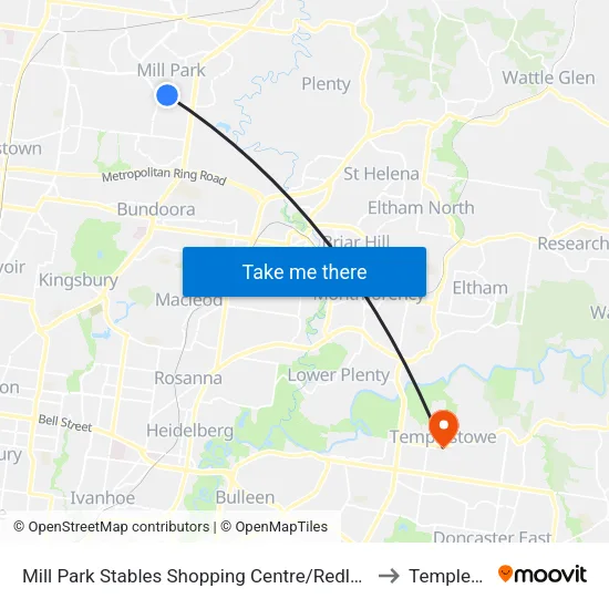 Mill Park Stables Shopping Centre/Redleap Ave to Templestowe map