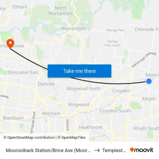 Mooroolbark Station/Brice Ave to Templestowe map