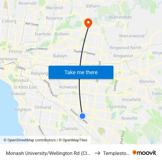 Monash University/Wellington Rd to Templestowe map