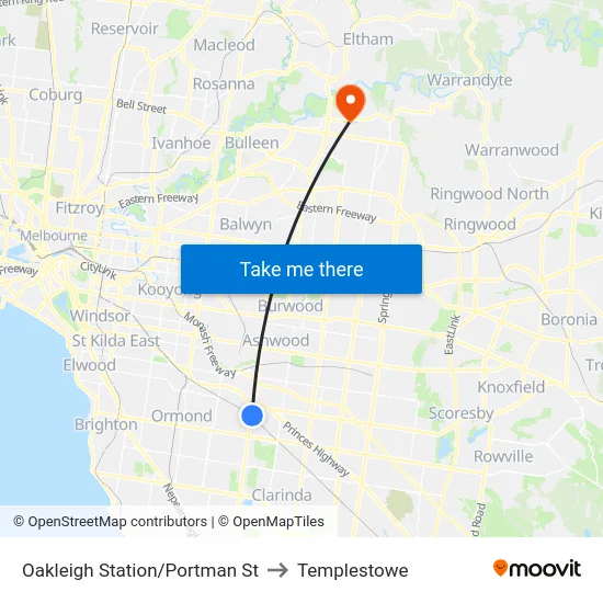 Oakleigh Station/Portman St to Templestowe map