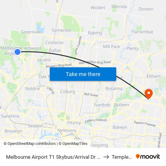 Melbourne Airport T1 Skybus/Arrival Dr (Melbourne Airport) to Templestowe map