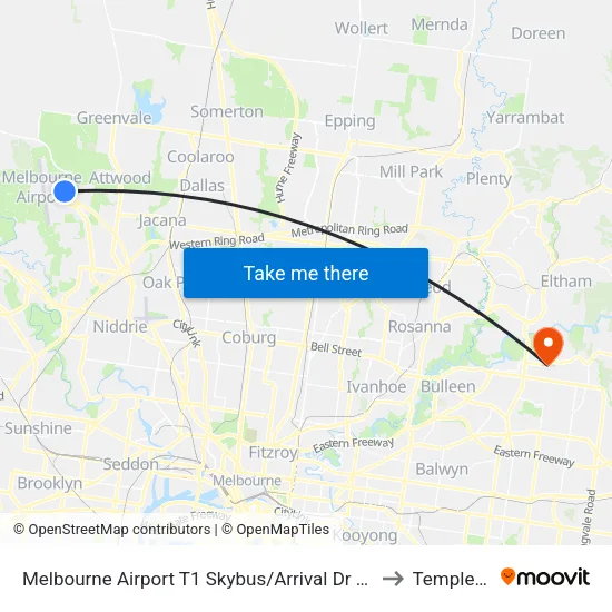 Melbourne Airport T1 Skybus/Arrival Dr to Templestowe map