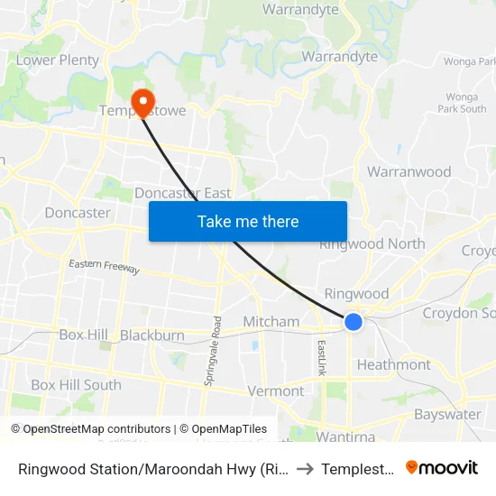 Ringwood Station/Maroondah Hwy to Templestowe map