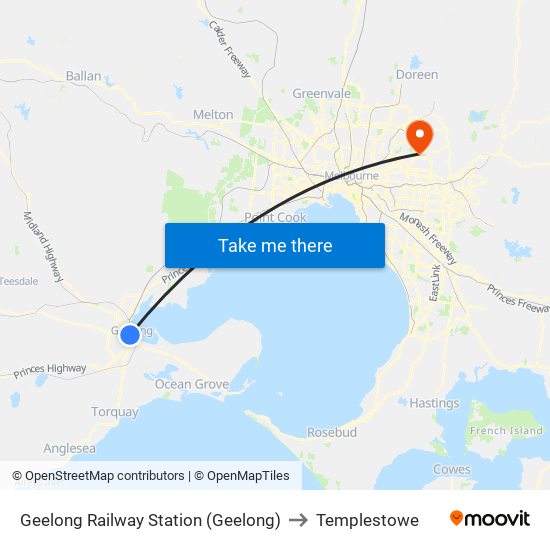 Geelong Railway Station (Geelong) to Templestowe map