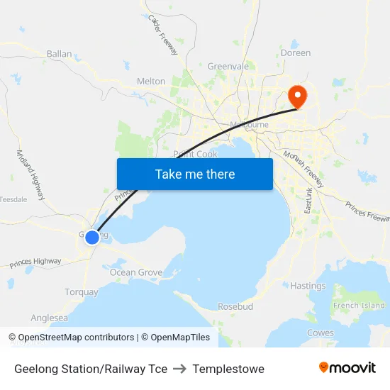 Geelong Station/Railway Tce to Templestowe map