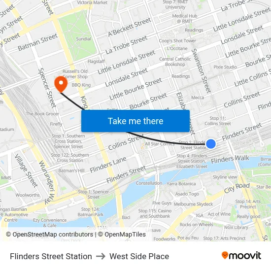 Flinders Street Station to West Side Place map