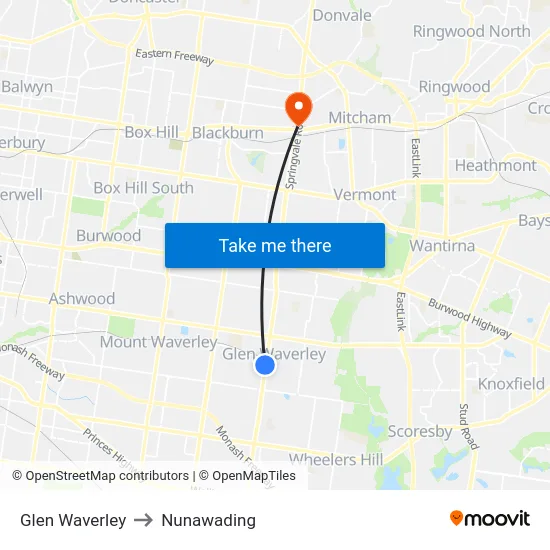 Glen Waverley to Nunawading map
