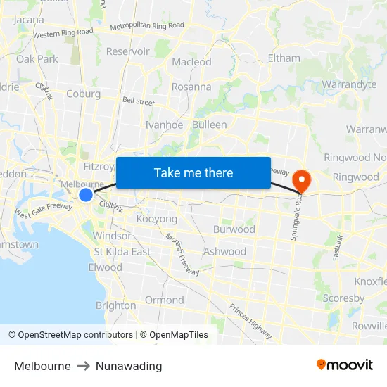 Melbourne to Nunawading map