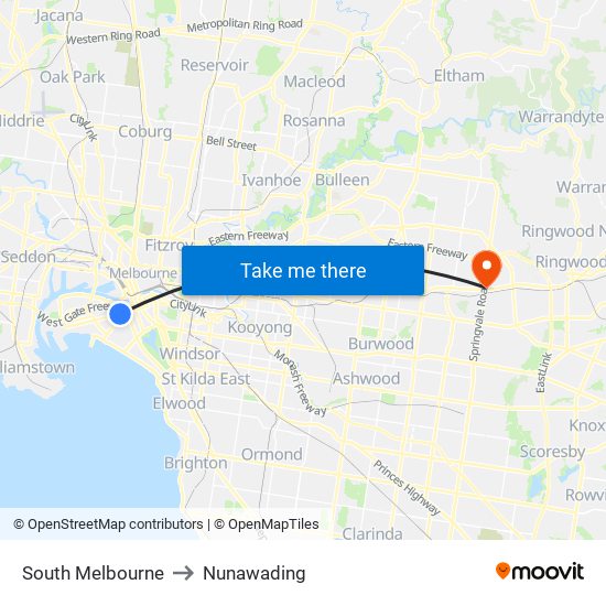 South Melbourne to Nunawading map