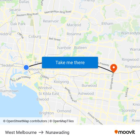 West Melbourne to Nunawading map