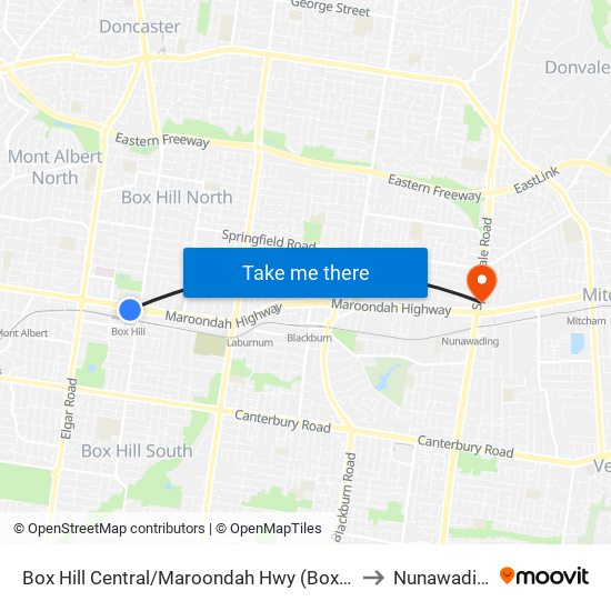 Box Hill Central/Maroondah Hwy (Box Hill) to Nunawading map