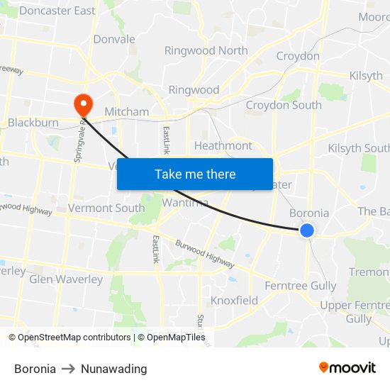 Boronia to Nunawading map