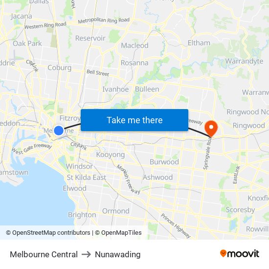 Melbourne Central to Nunawading map