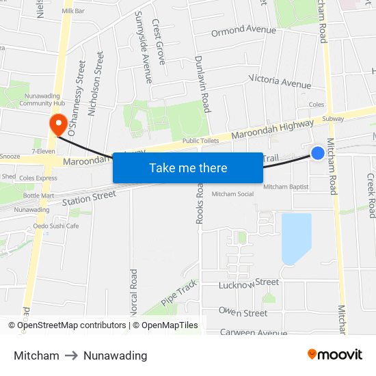 Mitcham to Nunawading map