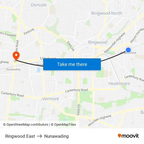 Ringwood East to Nunawading map