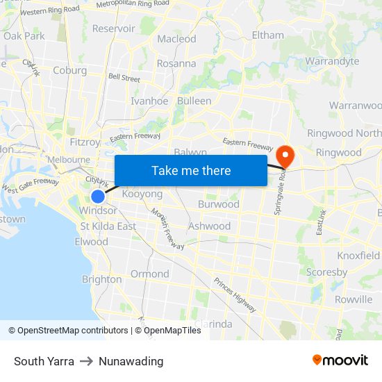 South Yarra to Nunawading map