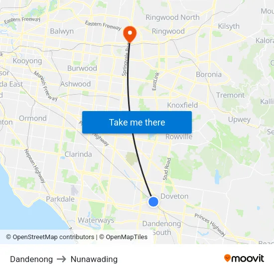Dandenong to Nunawading map