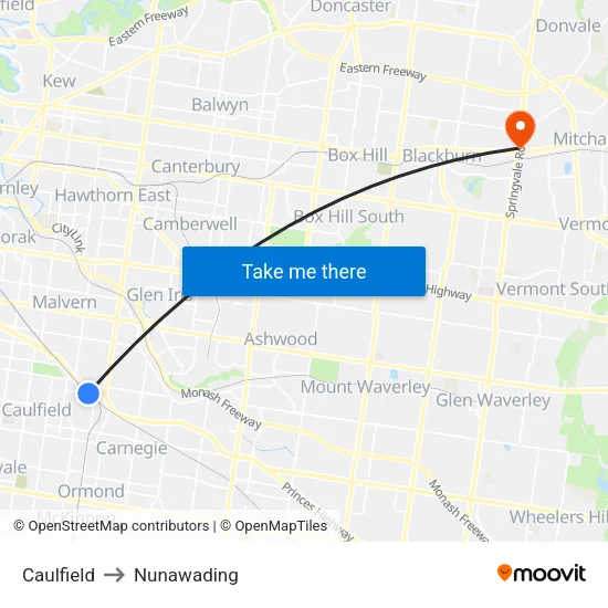 Caulfield to Nunawading map