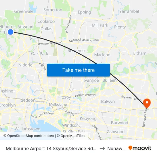 Melbourne Airport T4 Skybus/Service Rd to Nunawading map