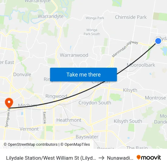 Lilydale Station/West William St to Nunawading map