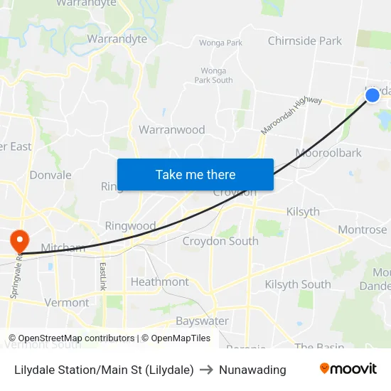Lilydale Station/Main St to Nunawading map