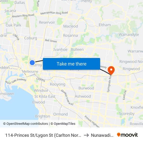 114-Princes St/Lygon St (Carlton North) to Nunawading map