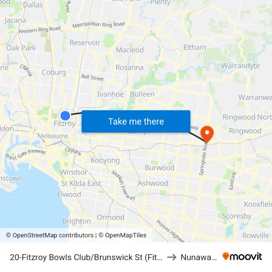 Fitzroy Bowls Club/Brunswick St #20 to Nunawading map