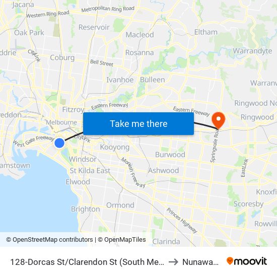 128-Dorcas St/Clarendon St (South Melbourne) to Nunawading map