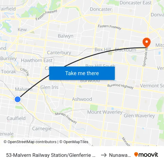 Malvern Railway Station/Glenferrie Rd #53 to Nunawading map