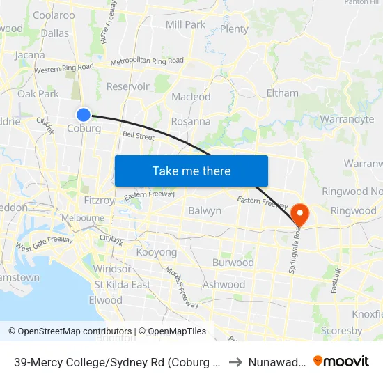 Mercy College/Sydney Rd #39 to Nunawading map